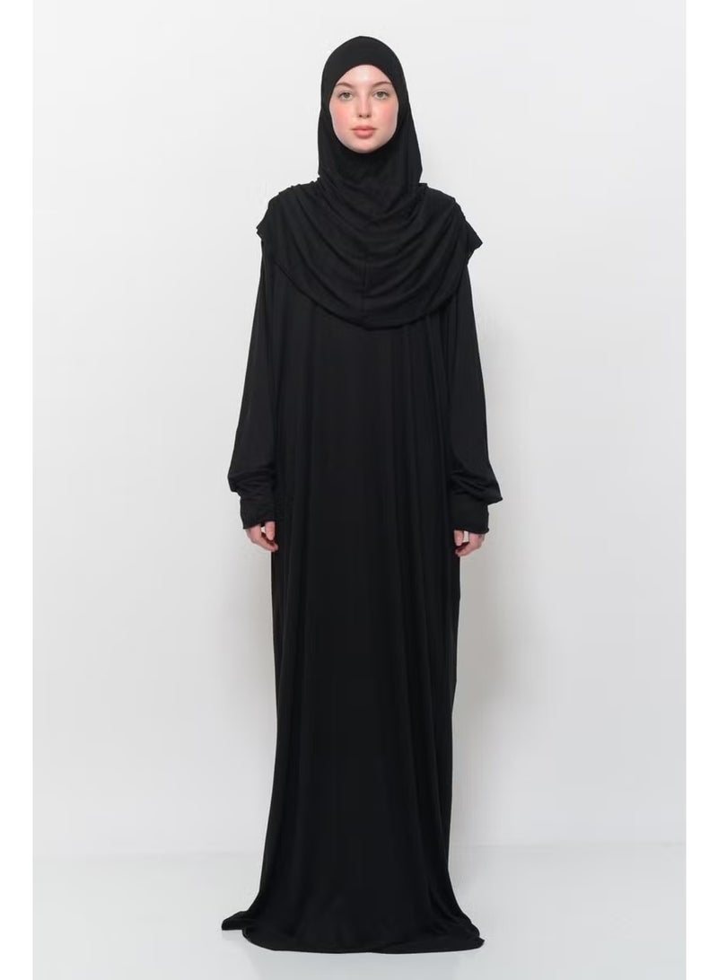 Altobeh Practical One Piece Cotton Bat Sleeves Removable Organic Hijab Prayer Dress with Headscarf - Black - Image 5